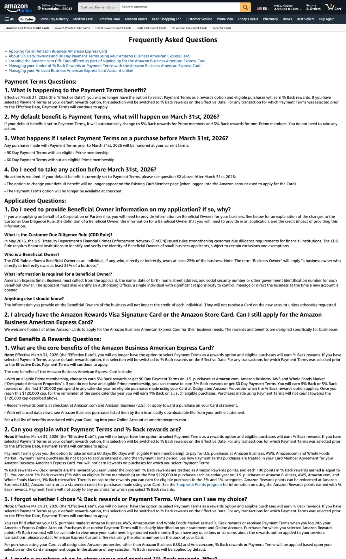 The original credit card FAQ page