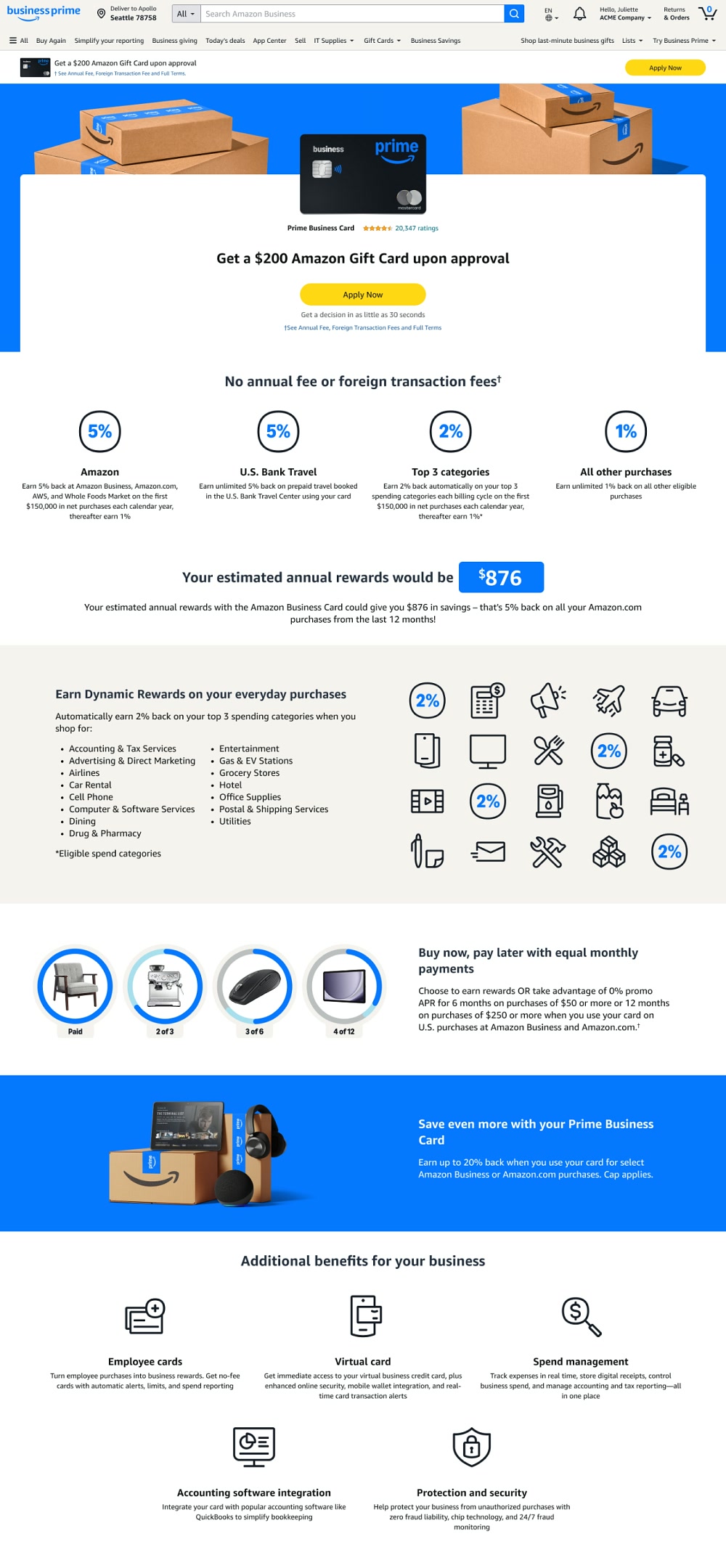 The Amazon Business Credit Card marketing page, end to end