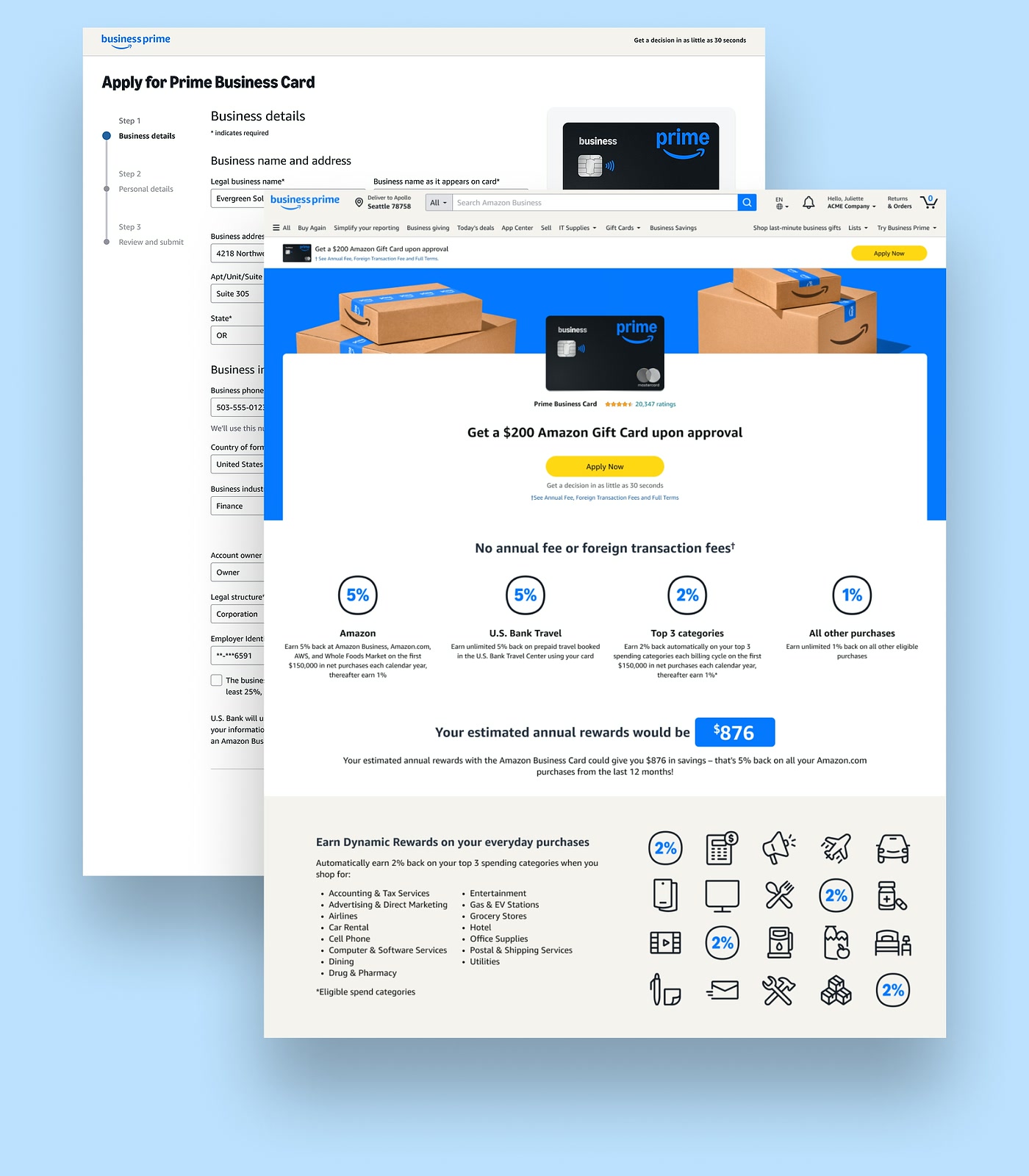 Amazon Business Credit Card application and rewards pages