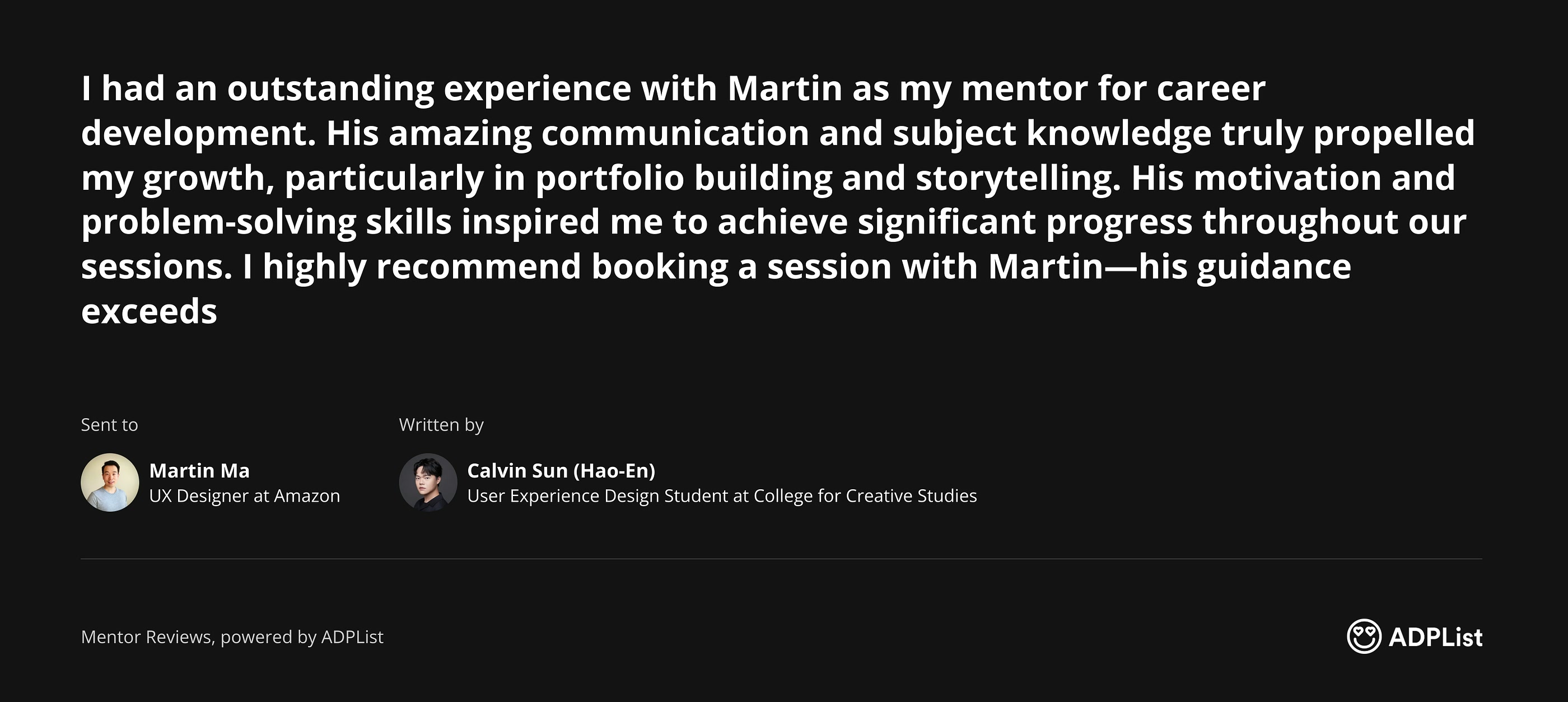 An ADPList mentor review from Calvin Sun, a user experience design student at College for Creative Studies