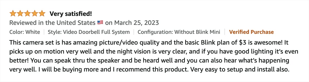 A five-star customer review of the Blink app