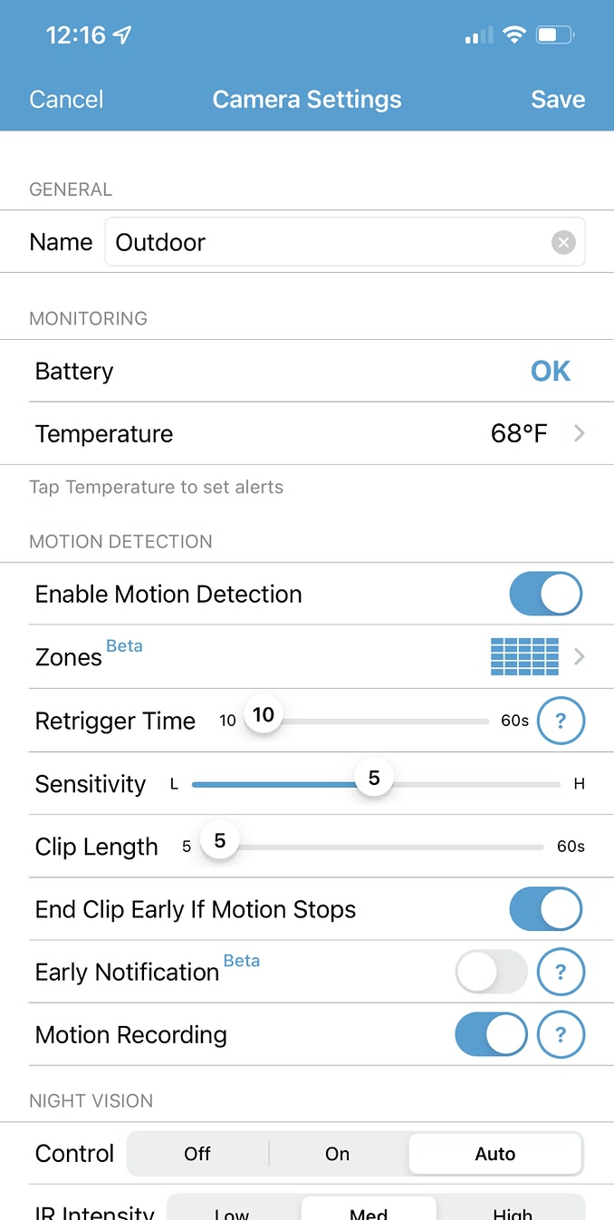 The original settings screen, one long list of more than twenty options