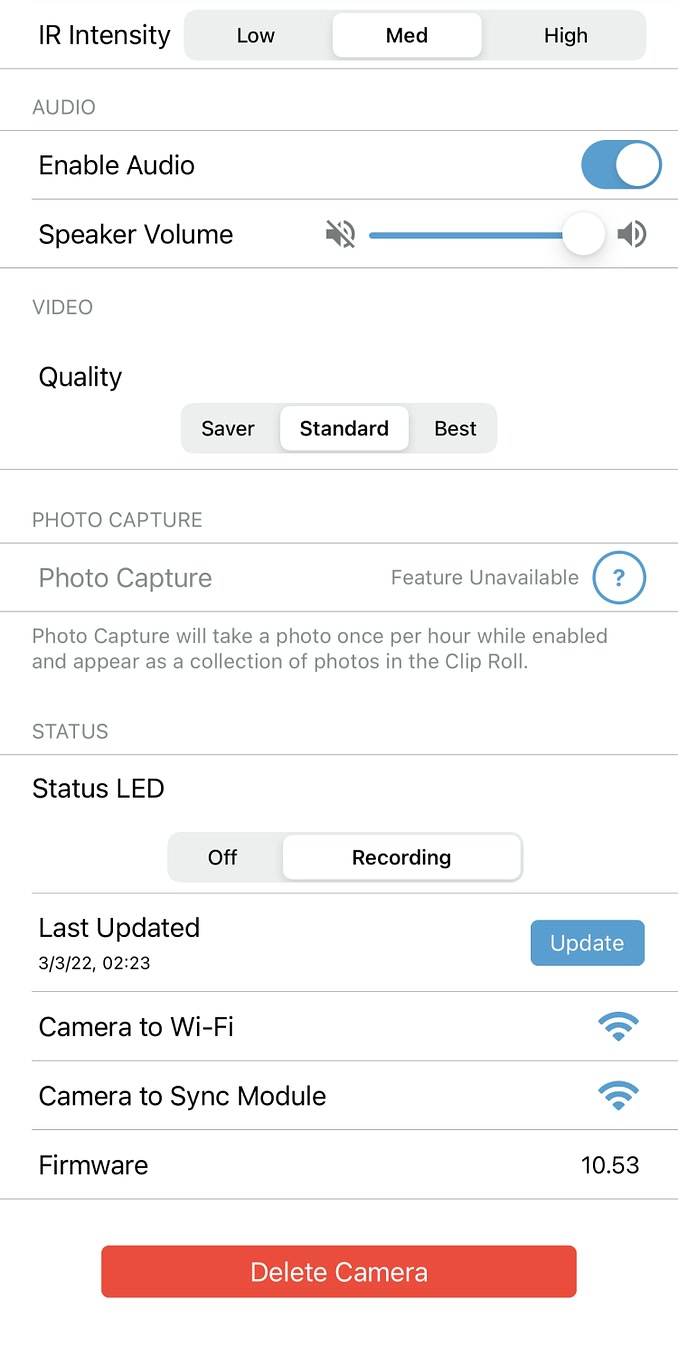 The original settings list continued, with technical terms such as IR intensity