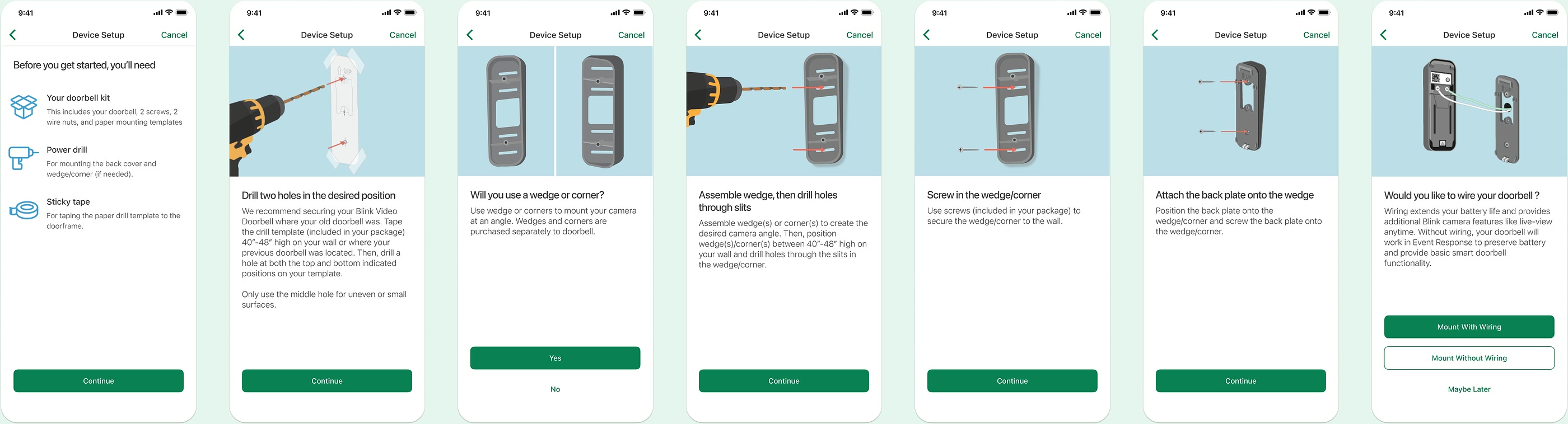 The doorbell mounting flow assembled from the shared modules, step by step