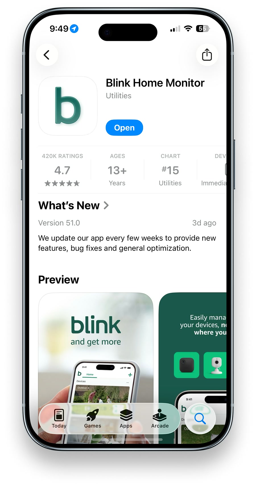 The Blink Home Monitor App Store listing, rated 4.7 from 420,000 ratings
