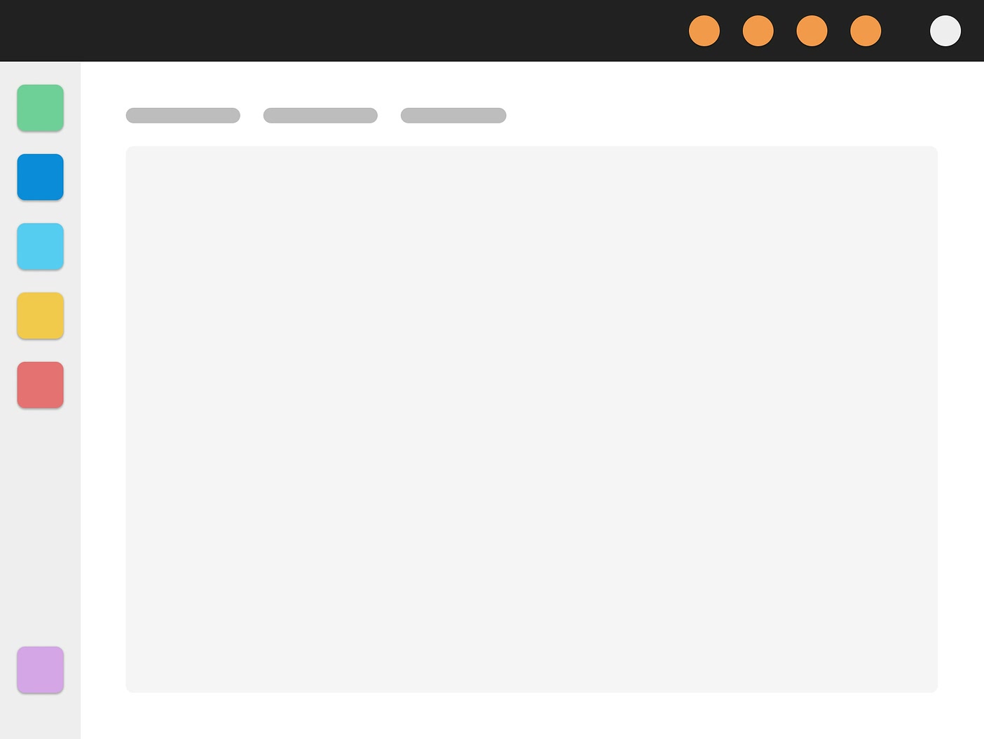 Layout concept B: a dark top bar for tools, a pale left rail of task icons, and tabs above the work area