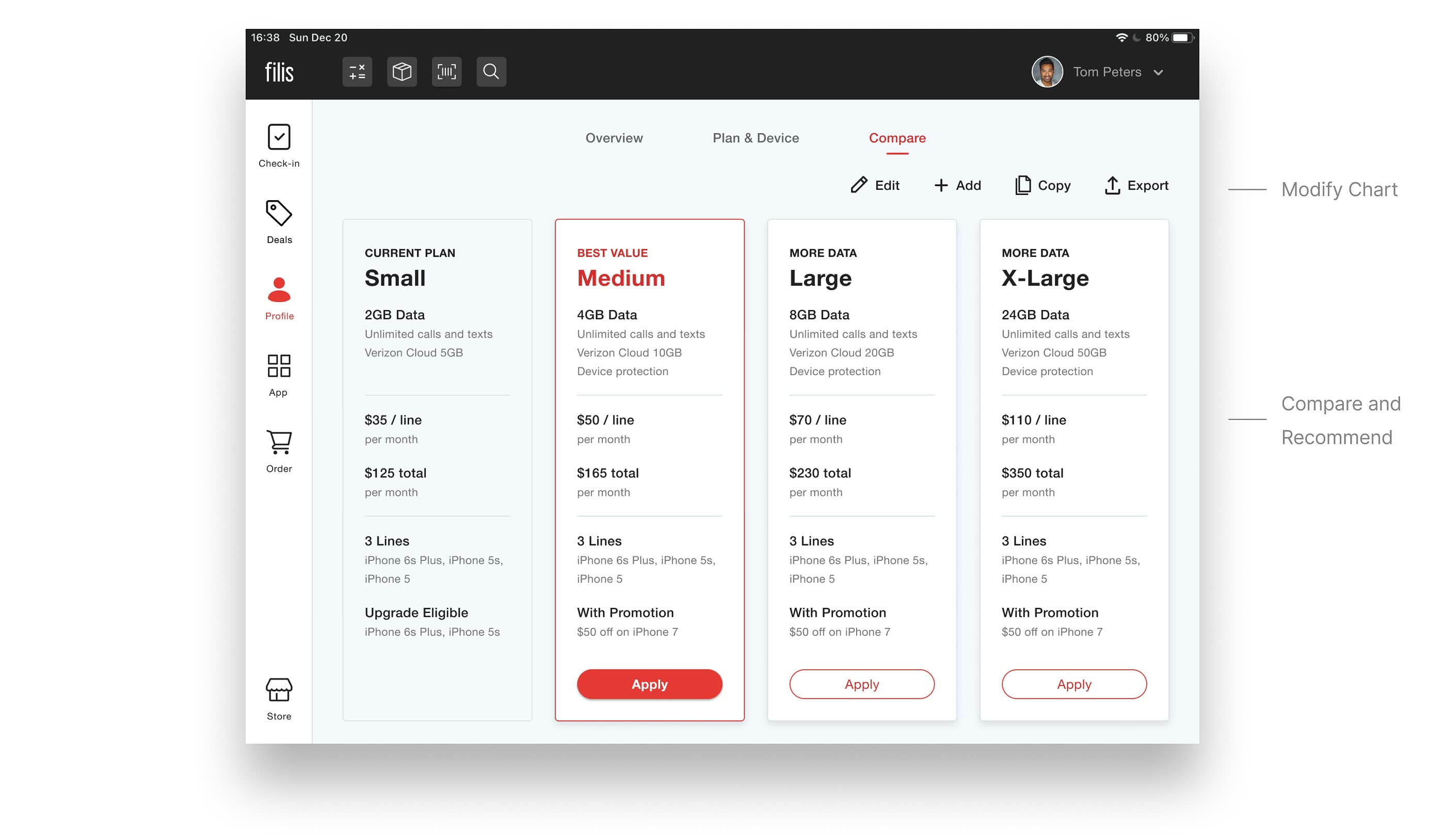 The plan comparison screen: four plan cards side by side, with the recommended one highlighted