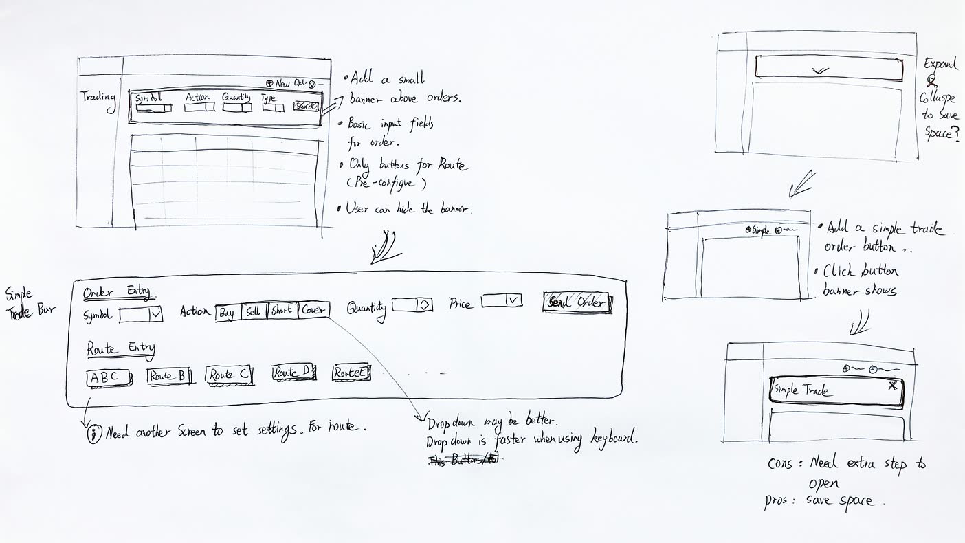 Concept A sketch: an order ticket above the blotter