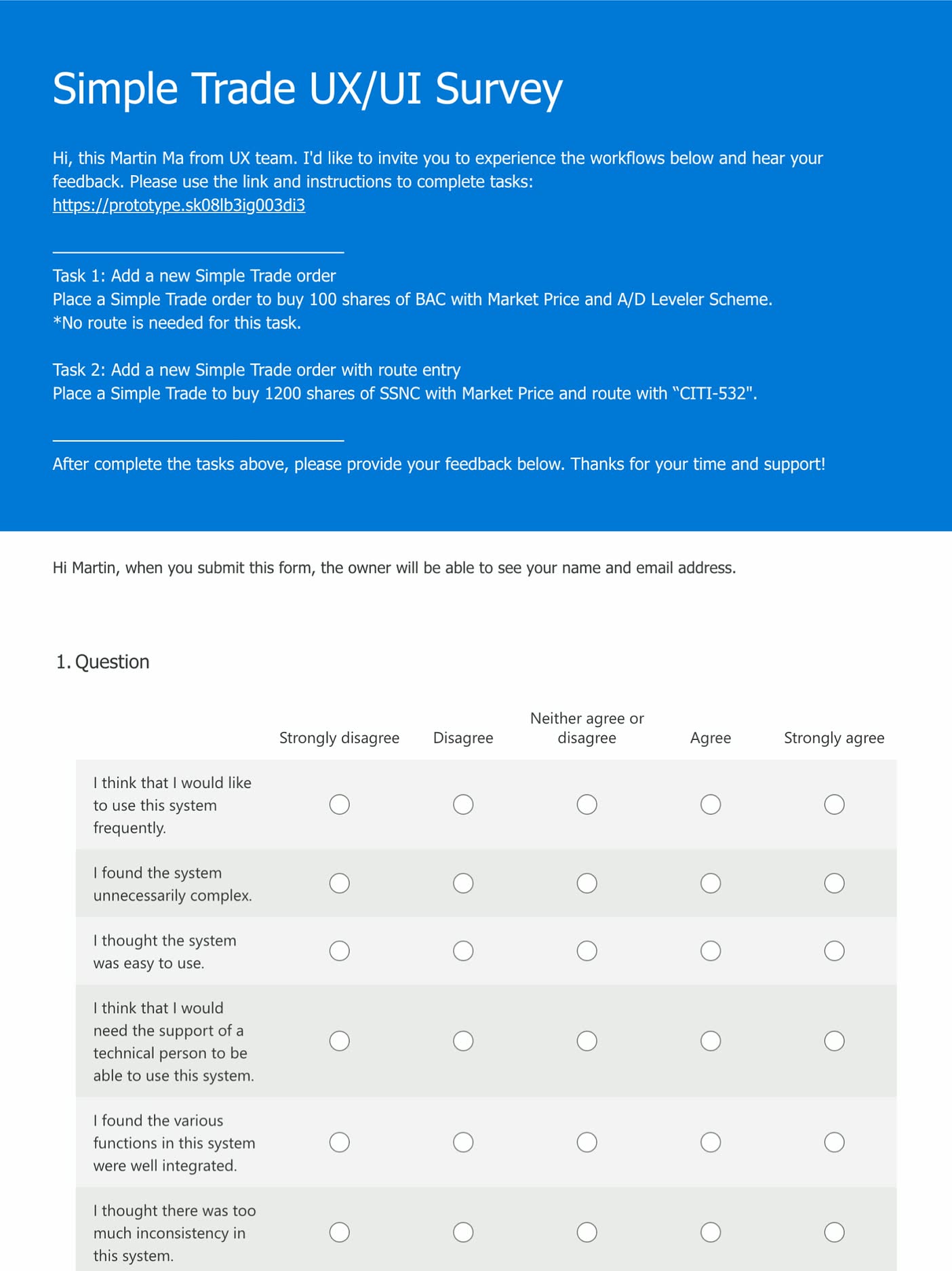 The System Usability Scale survey used in testing